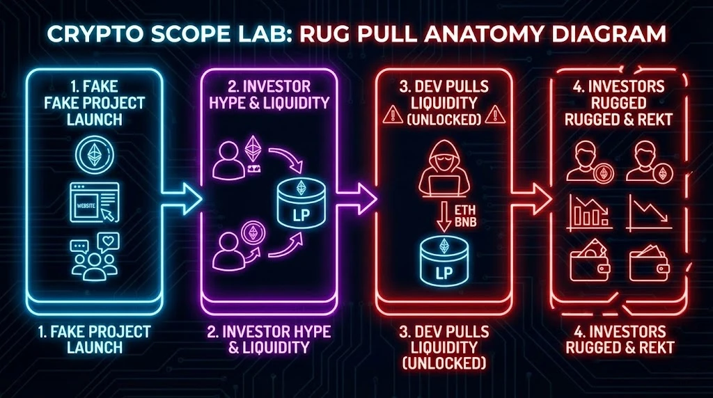 A flowchart diagram explaining the four stages of a crypto rug pull scam: Fake Launch, Investor Hype, Dev Pulls Liquidity, and Investors Rekt.