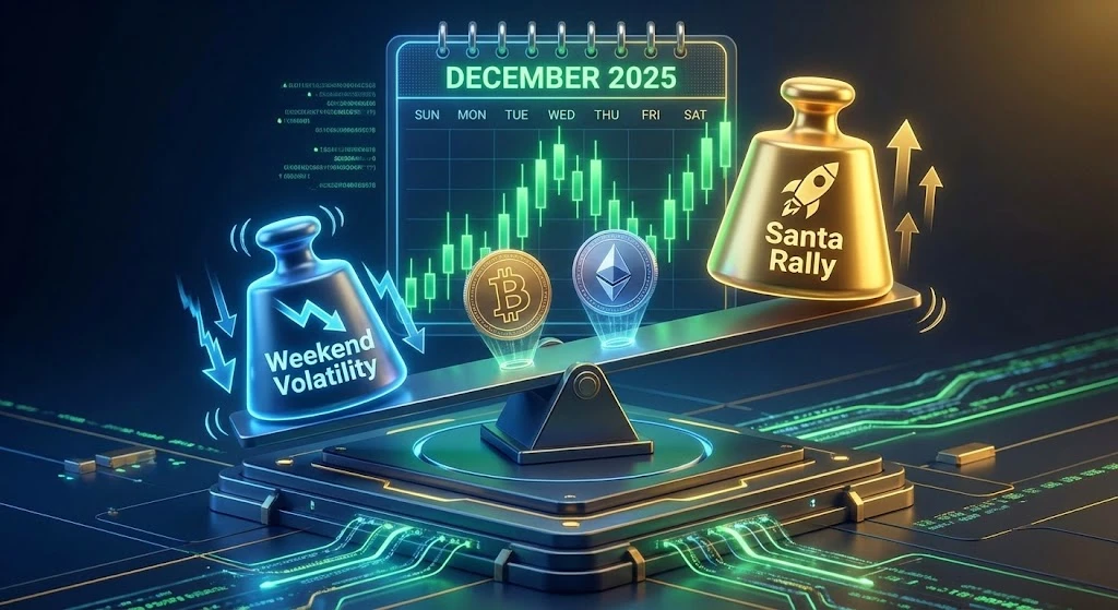 Infographic illustrating the crypto market balance in December 2025, weighing short-term 'Weekend Volatility' against the potential Bitcoin and Ethereum 'Santa Rally'