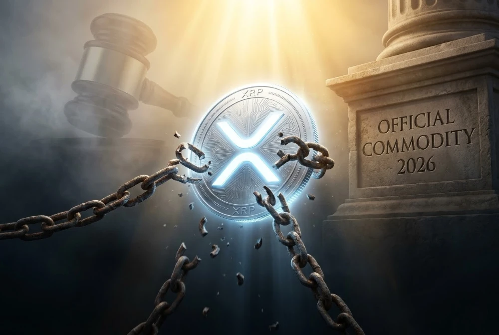 XRP coin breaking metallic chains symbolizing the end of SEC lawsuit and 2026 commodity ruling