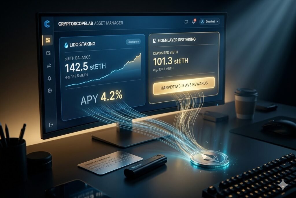 A cinematic photograph of a crypto investor's desk, showing a dual DeFi dashboard on a screen. The LIDO panel shows rising stETH, and the EigenLayer panel shows restaking and harvestable AVS rewards, visualizing passive income.
