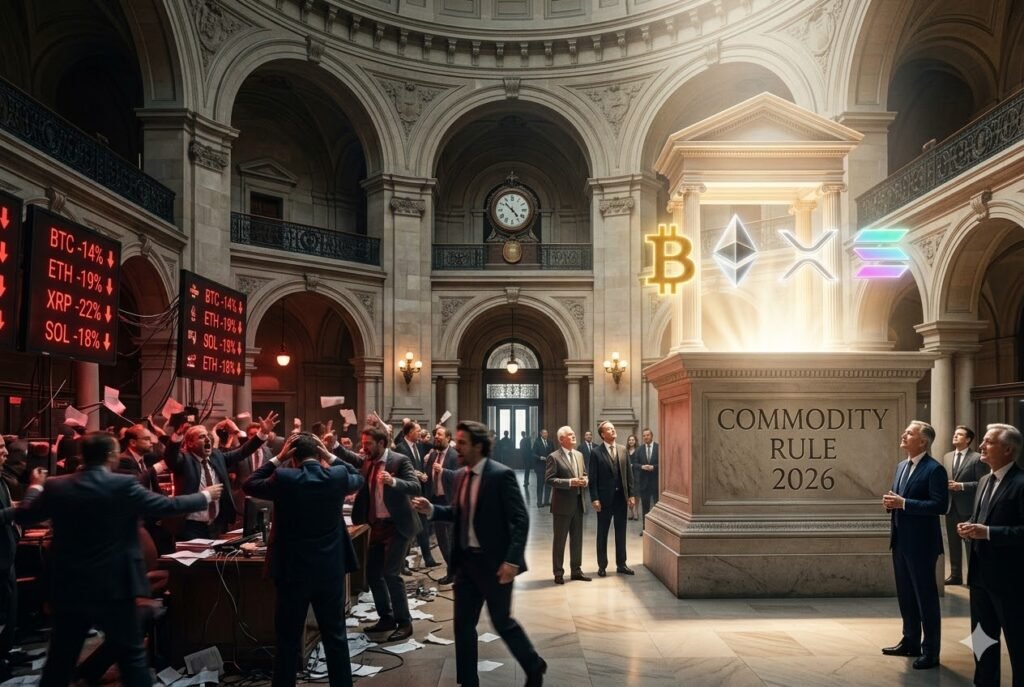 A cinematic split-view of a chaotic trading floor with red price tickers on the left and a luminous architectural monument labeled "COMMODITY RULE 2026" featuring Bitcoin, Ethereum, XRP, and Solana symbols on the right.